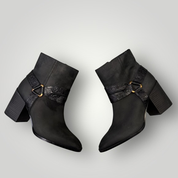 Vionic Carnelia Black Leather Water Repellent Ankle Boots Block Heel Womens 8.5